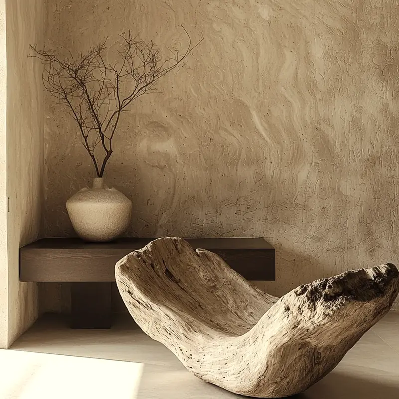 A plaster wall, a shelf and a carved wooden bench