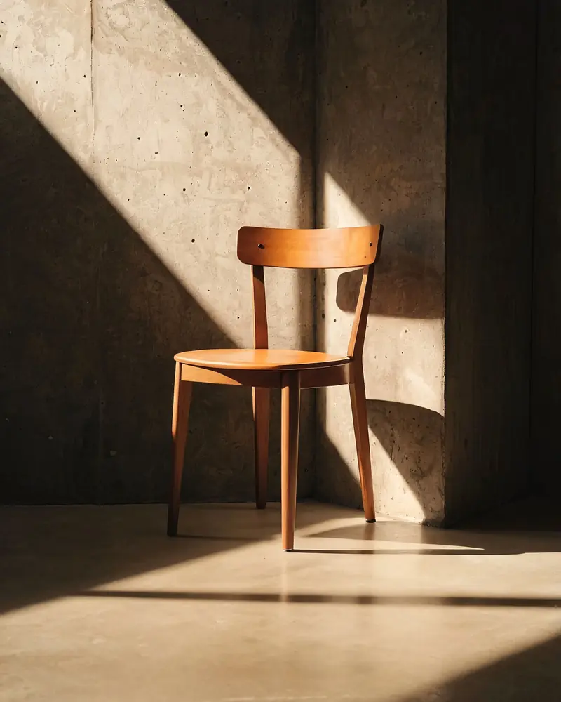 A wooden chair in sunlight against a concrete wall