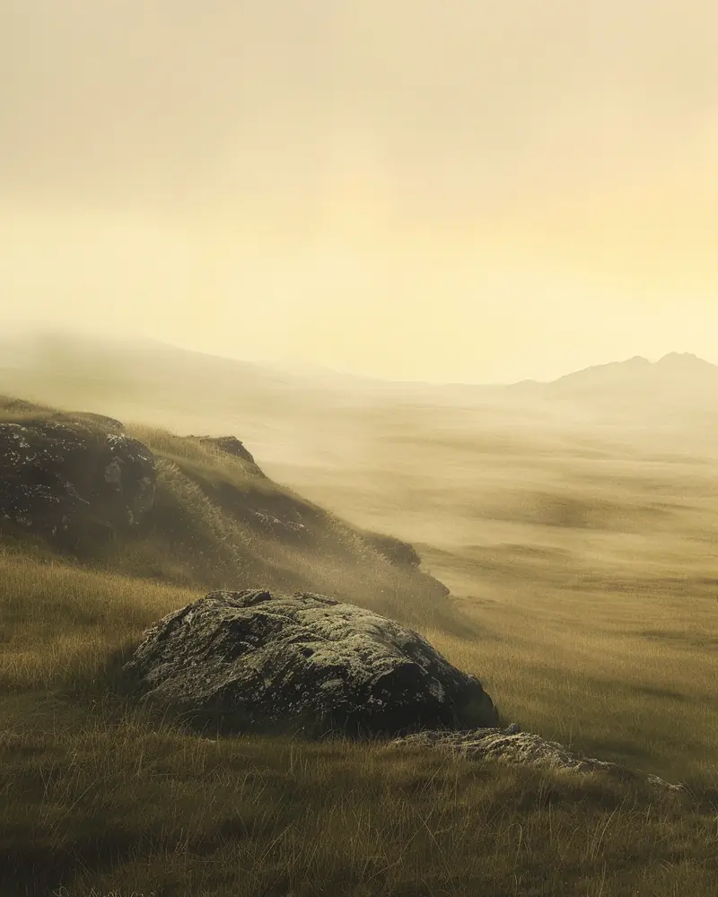Misty hills, golden grass and dark rocks