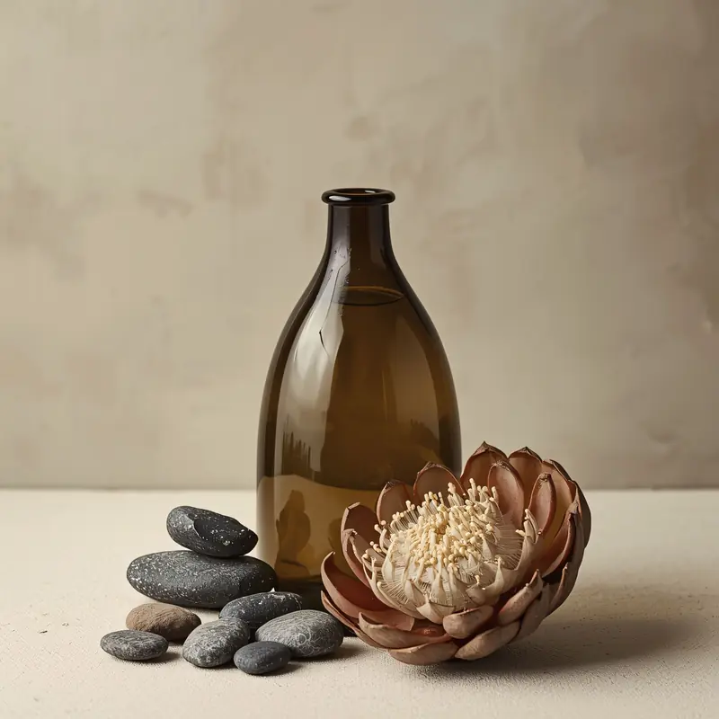 An amber glass bottle, stones and a dried flower