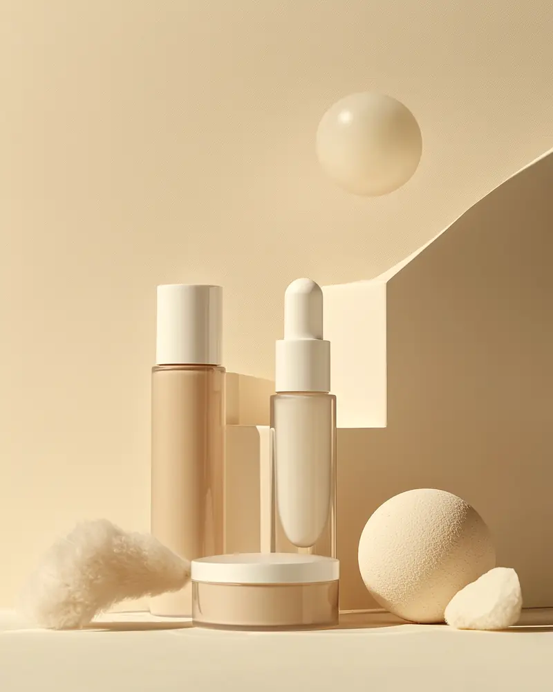Bottles and a jar in beige tones