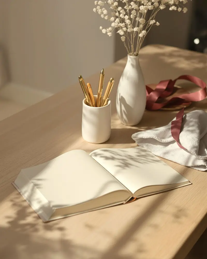 An open book, pens and a small vase of flowers on a desk
