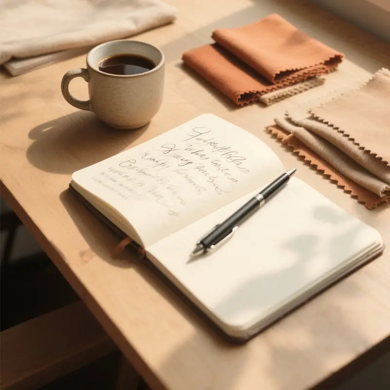 A notebook, a pen and a mug of coffee on a desk