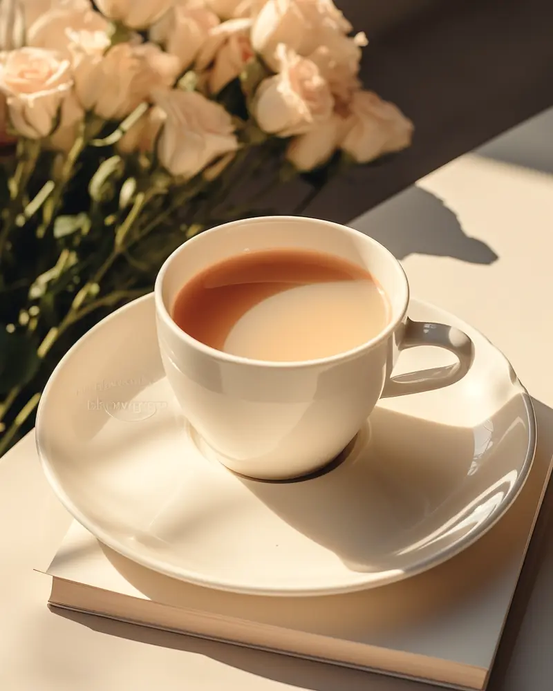 A cup on a book with roses behind it