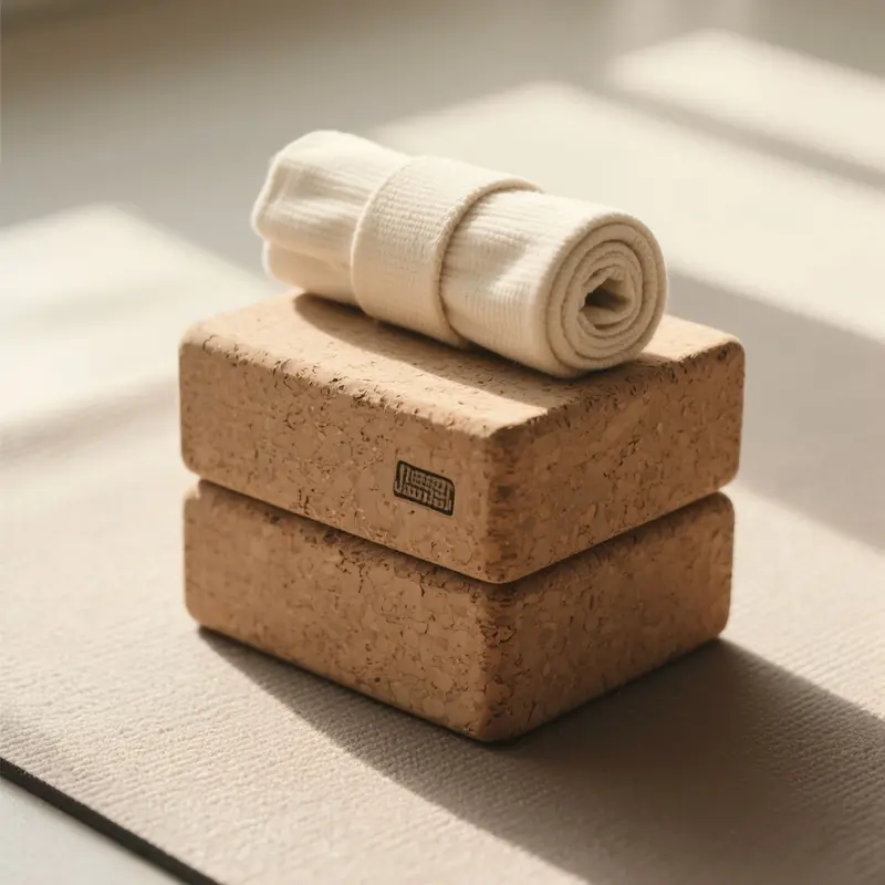 Two cork blocks and a strap on a mat