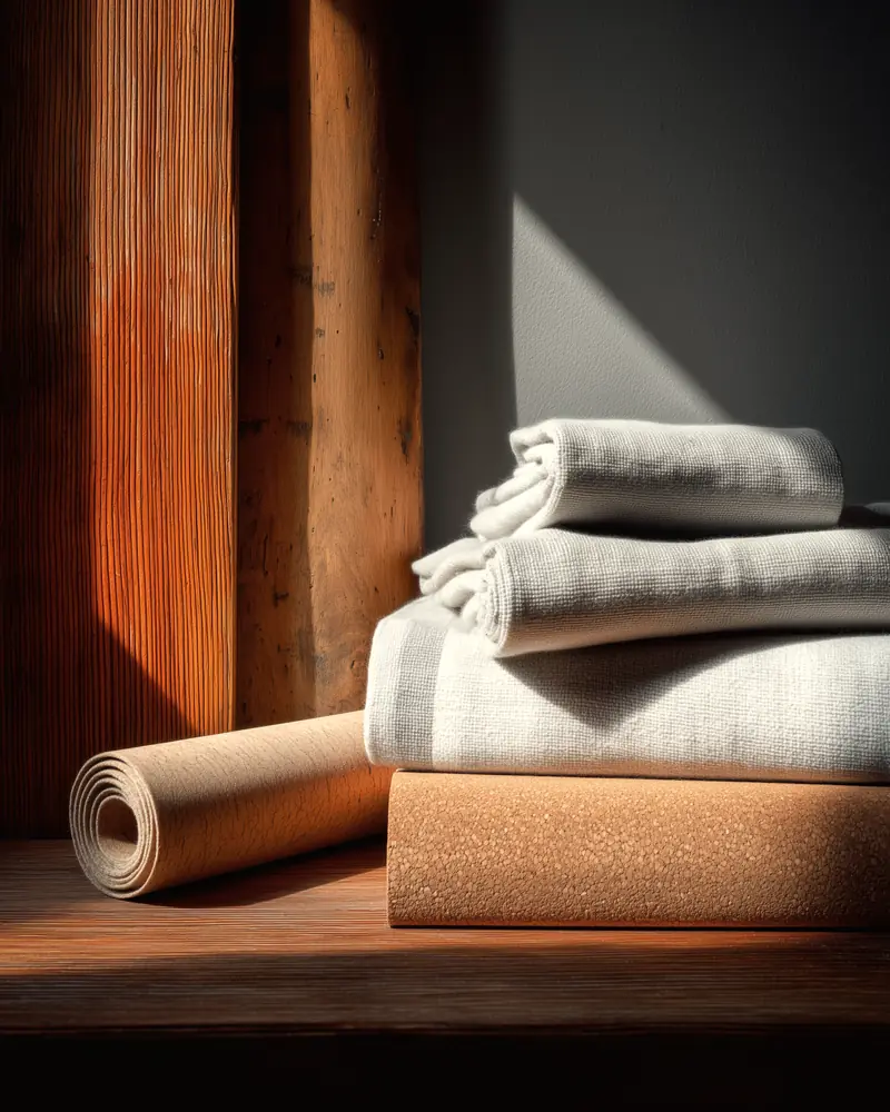 Folded towels, a cork block and a rolled mat